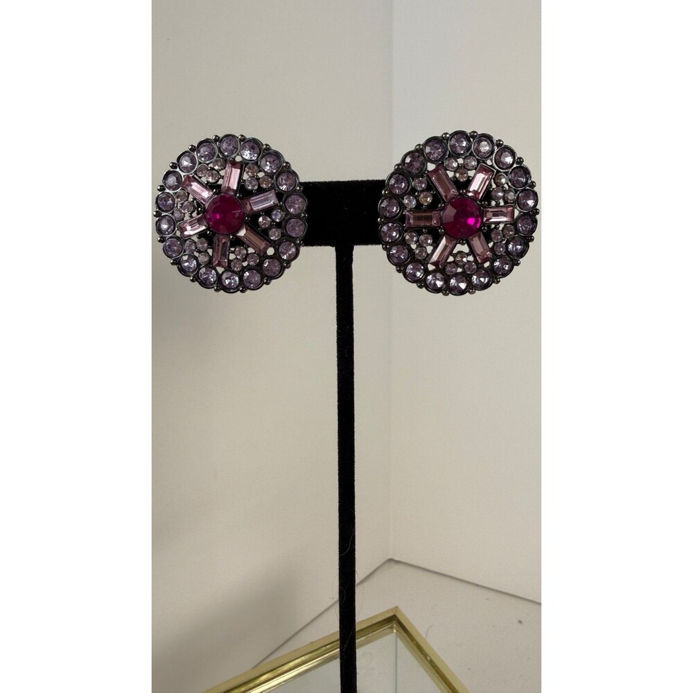 Vintage Pink Lavender Rhinestone Statement Stud Earrings Gunmetal Tone